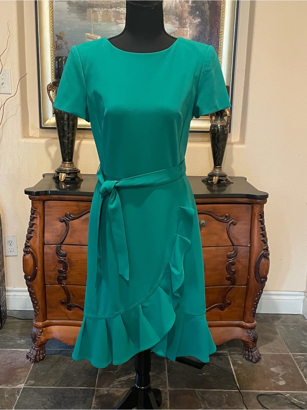 Calvin Klein Emerald Green Short Sleeve Tie-Waist Ruffle Dress